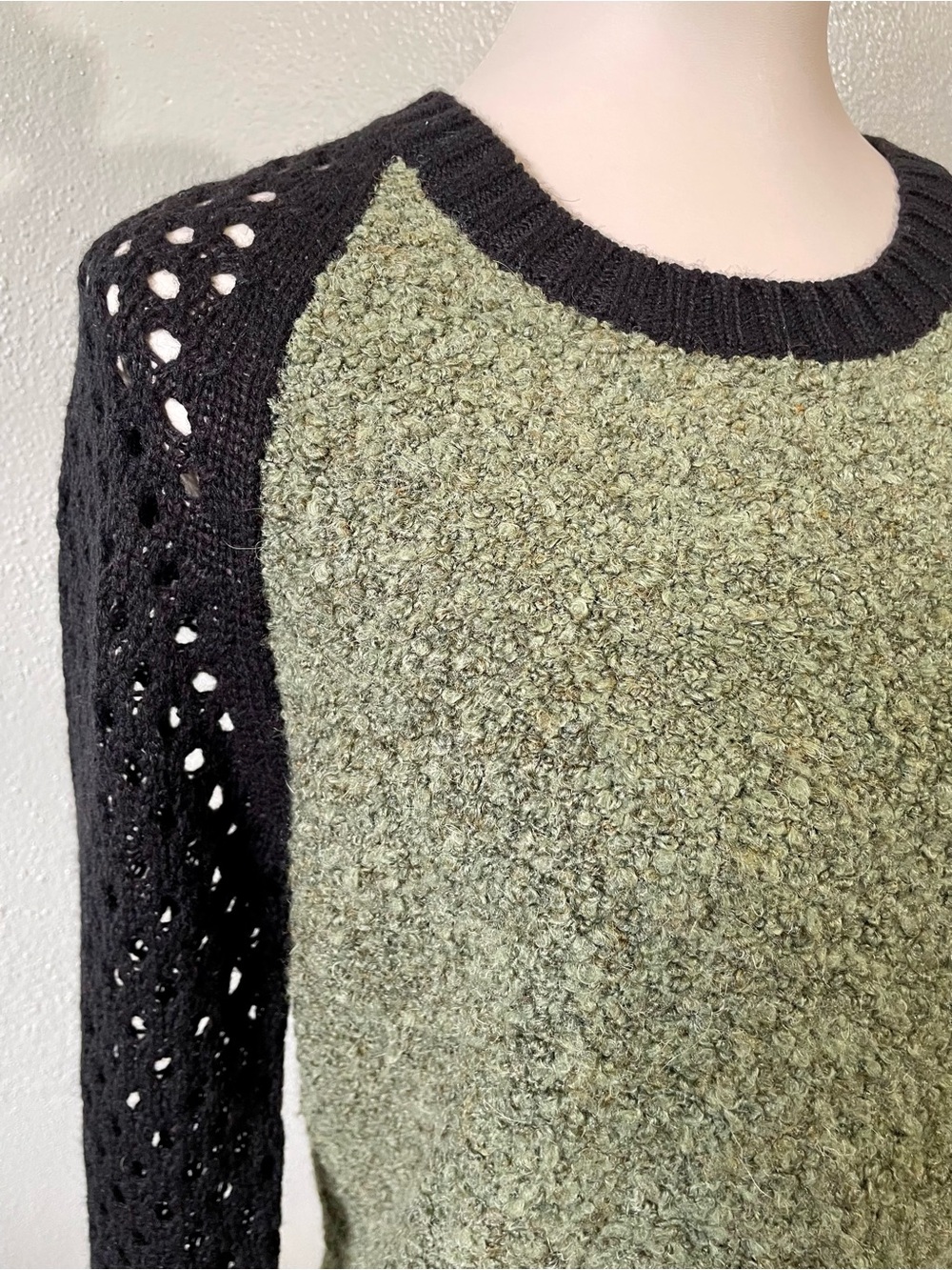 Lrg Lambswool Blend Sweater Olive Black Panda Patch Crochet Sleeve Small Skate View 2
